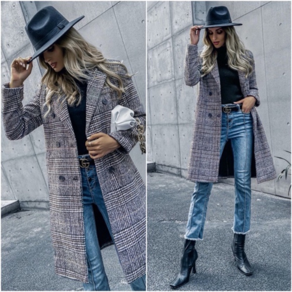 Classic black plaid trench fall button pea coat jacket - Picture 1 of 7